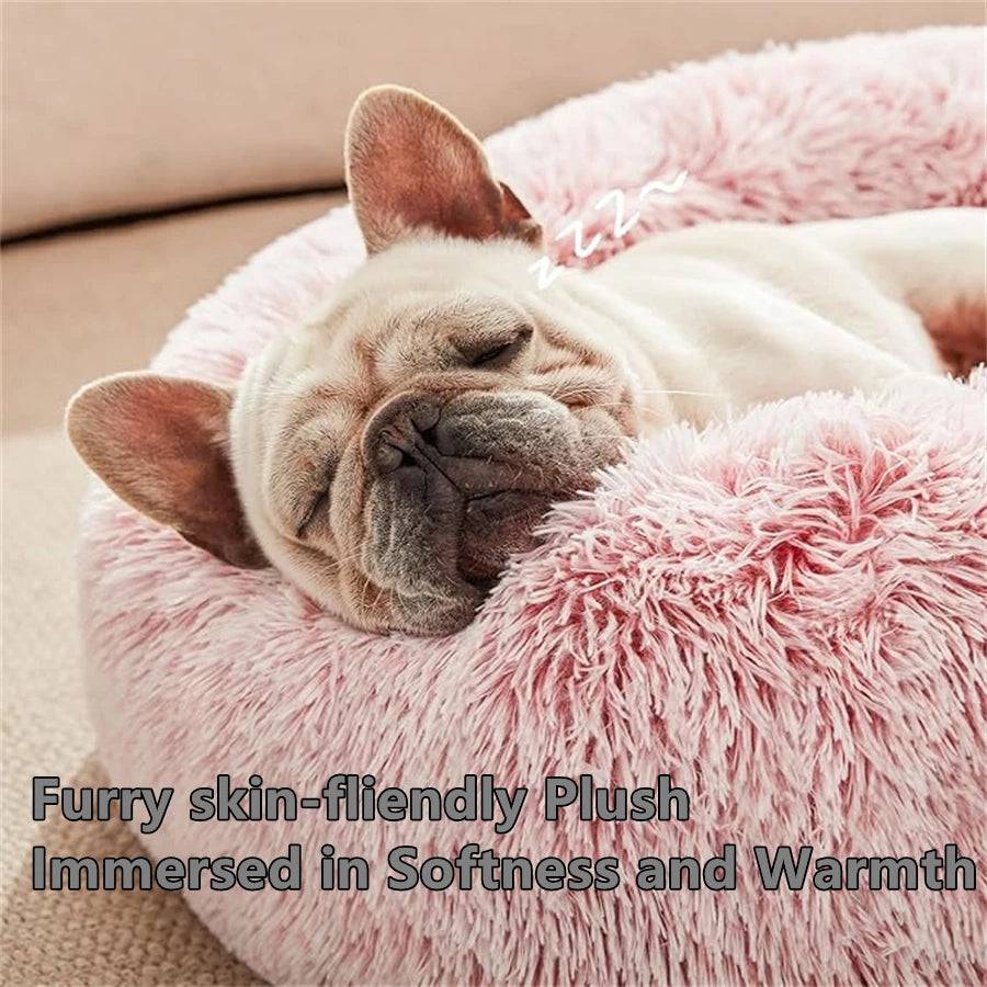 Gray Pawciara soft plush donut pet bed with faux fur, washable round design ideal for small to medium dogs and cats.