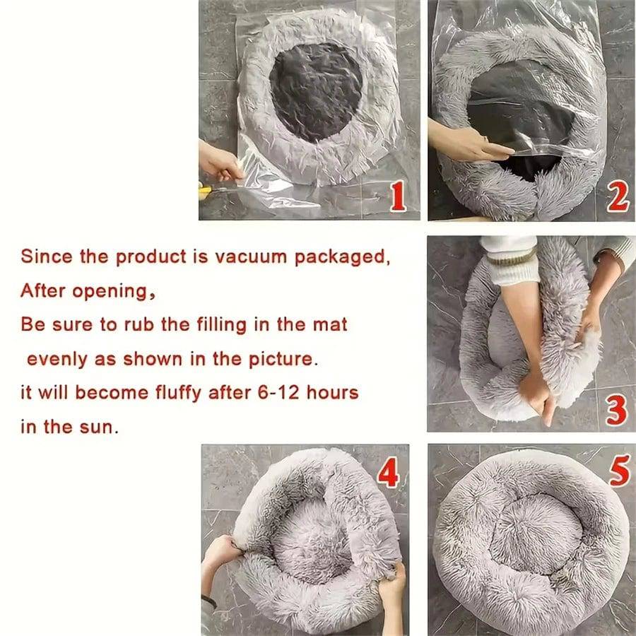 Gray Pawciara soft plush donut pet bed for small to medium dogs and cats, washable, round, warm faux fur for comfy sleep.