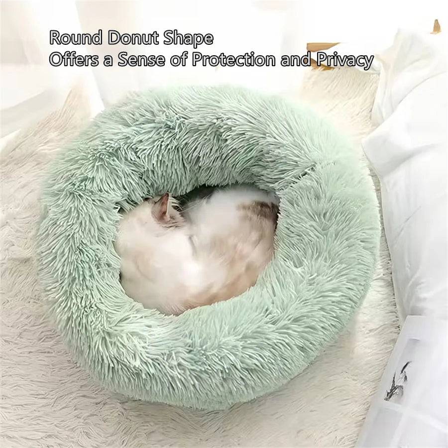 Gray Pawciara plush donut pet bed for small to medium dogs and cats, washable, round, soft faux fur for cozy, comfortable sleep.