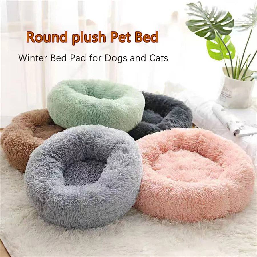 Gray Pawciara soft plush donut pet bed, washable round cat and small dog bed with faux fur, cozy and comfortable for sleeping.