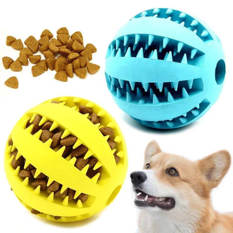 Set of 5 green natural rubber dog chew balls, 5cm diameter, interactive dental toys for cleaning teeth and entertaining pets.