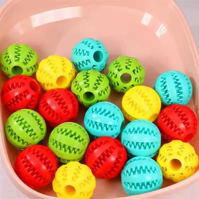 Set of five Pawciara natural rubber dog chew balls, 5cm diameter, interactive dental toys for cleaning teeth and keeping pets entertained