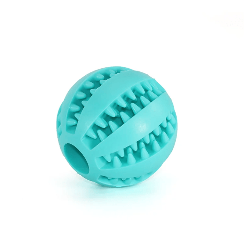 Set of five green natural rubber dog chew balls, 5cm diameter, interactive dental toys for teeth cleaning and playful chewing.