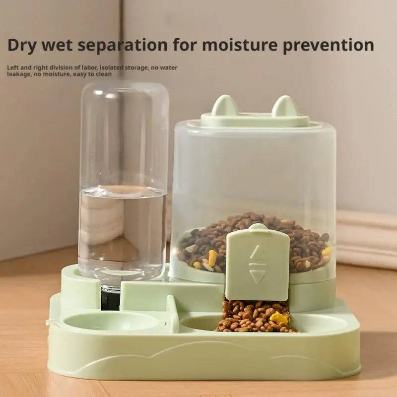 Light green Pawciara dual pet feeder and water bowl with large capacity, automatic food and water dispenser for pets.