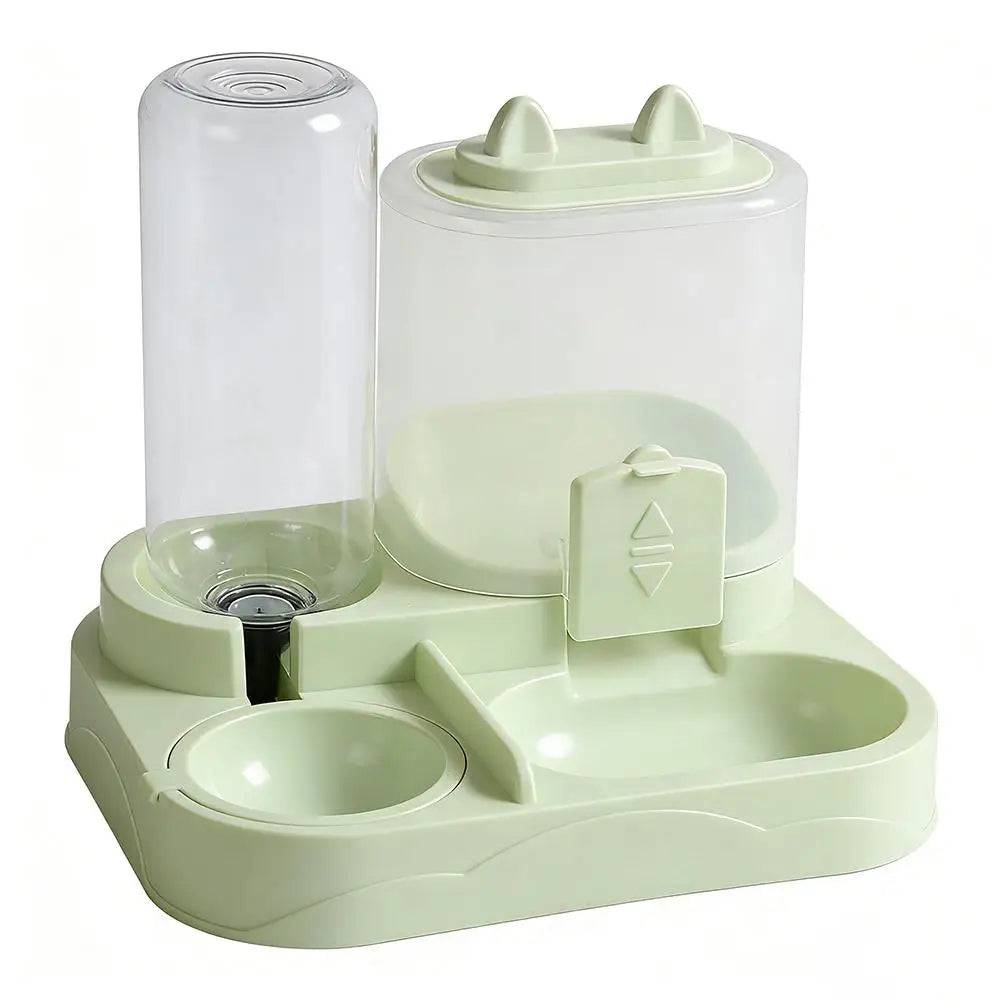 Light green Pawciara dual pet feeder and water bowl with large capacity, automatic dispenser, all-in-one pet food and water supply.