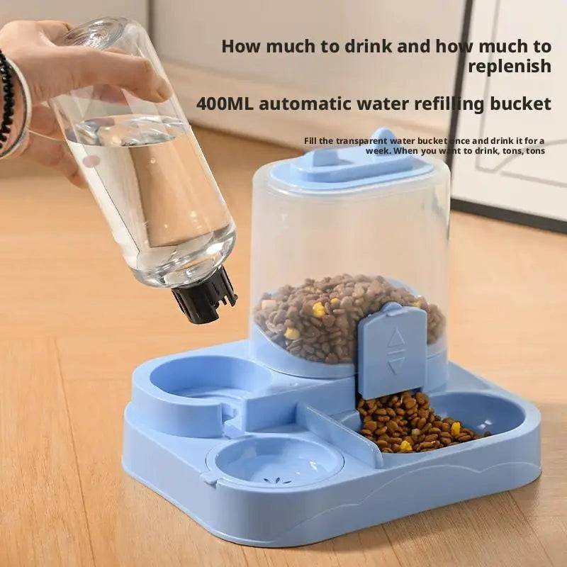 Pawciara light-green dual pet feeder with automatic food and water dispenser, large capacity food storage for cats and dogs.