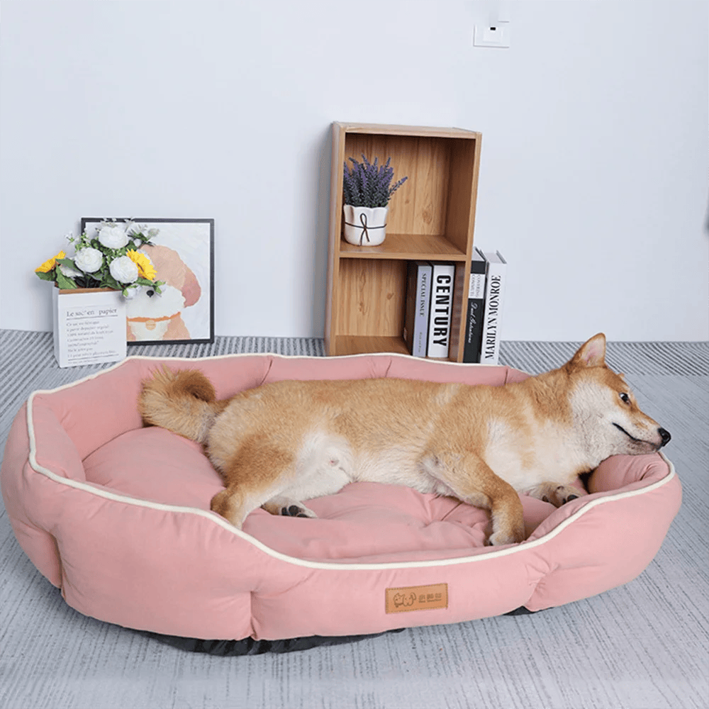 Large Plush Pawciara pet sofa bed in orange and gray, cozy sleeping area for dogs and cats, winter warm and comfortable.
