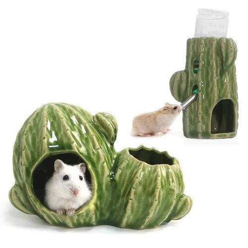 Ceramic small animal hideout shaped like a cactus for hamsters, rats, and small pets, by Pawciara.