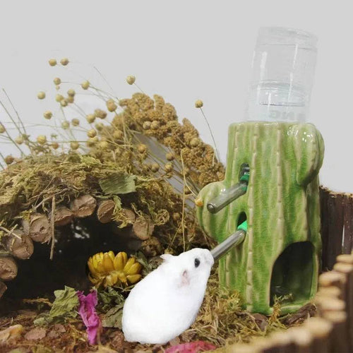 Ceramic small animal hideout shaped like a cactus by Pawciara, suitable for hamsters, rats, hedgehogs, and small pets.