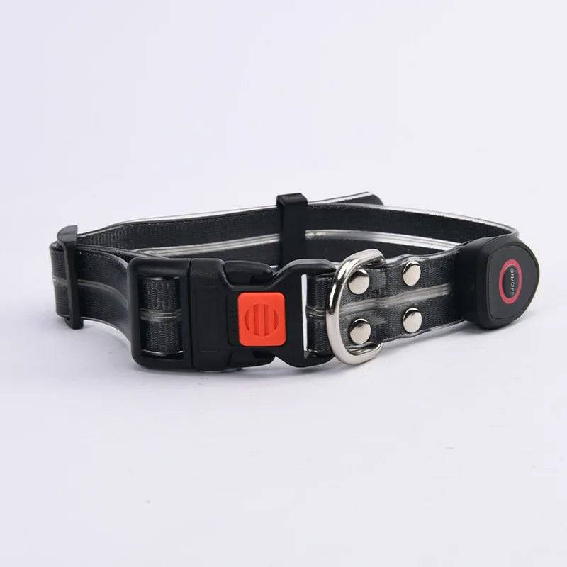 Pawciara USB rechargeable LED dog collar and leash set in orange with adjustable flashing light for visibility during walks