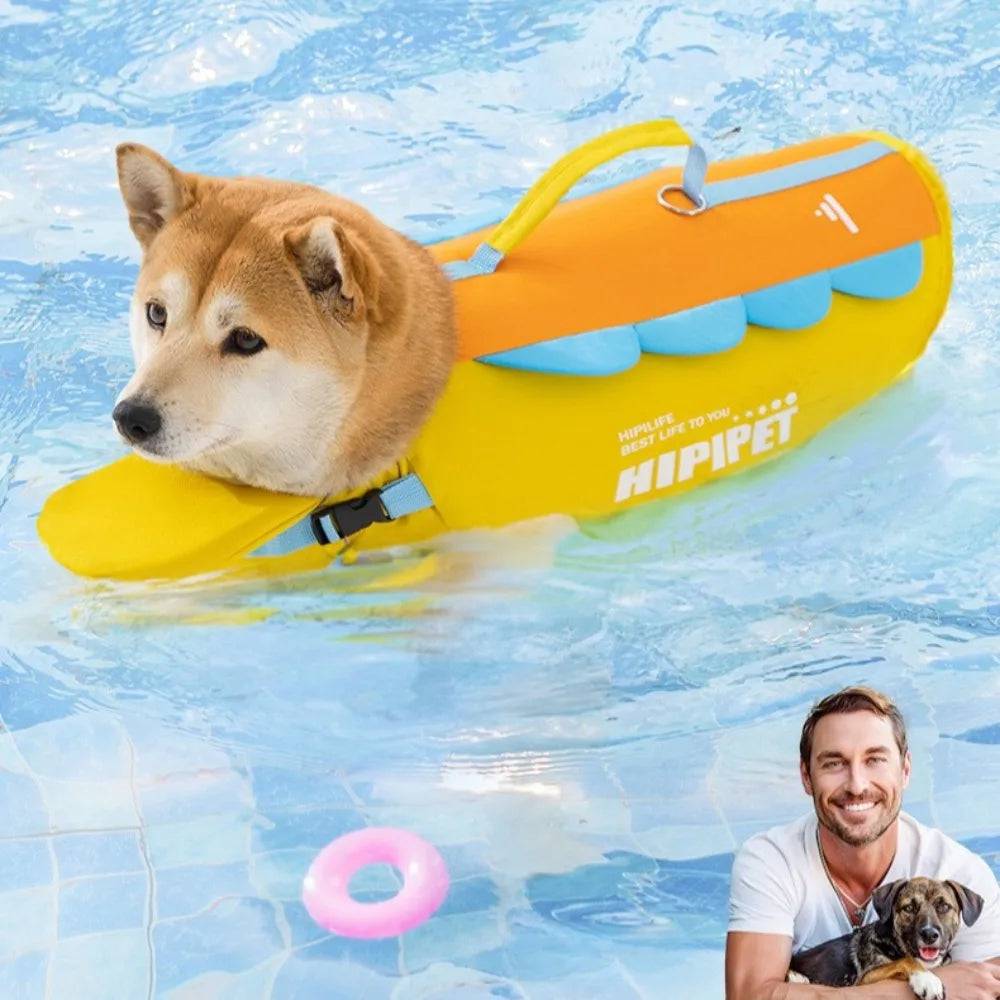 Yellow Pawciara dog life jacket with quick-drying, buoyant, breathable material, designed for 10-17.5 kg dogs, suitable for summer swimming.