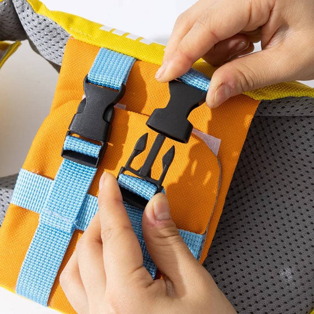 Yellow dog life jacket by Pawciara, lightweight and buoyant, quick-drying, breathable, designed for swimming and safety.