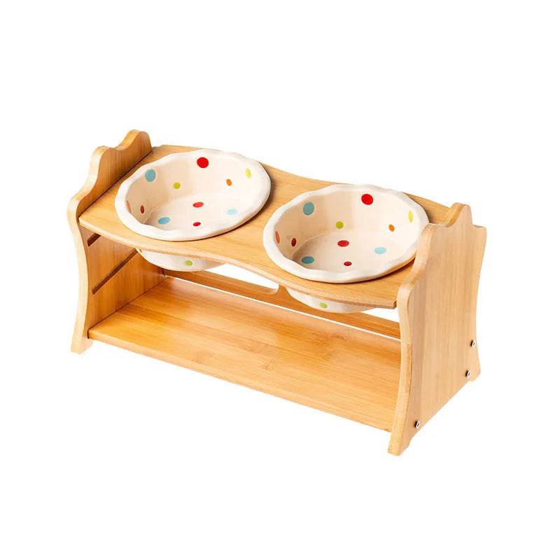 Raised ceramic double bowl stand for dogs and cats, white with wooden table base, ideal for food and water feeding.