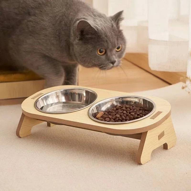 Pawciara double pet food and water bowl stand with anti-tip design for cats and dogs, sturdy and stable feeding station