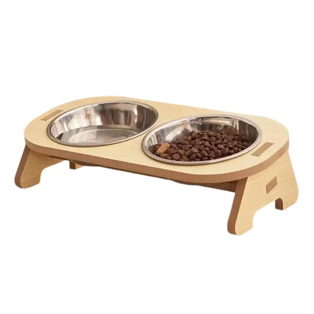 Pawciara double pet food and water bowl stand with anti-tip design for cats and dogs, durable plastic feeding station.