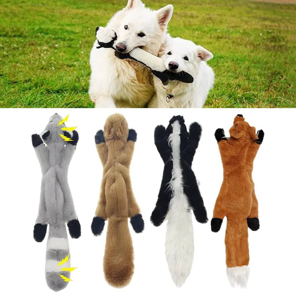 Pawciara squirrel plush dog toy with squeakers, 45cm, durable crinkle fabric, no stuffing, suitable for outdoor play and chewing.