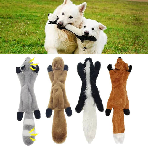 Pawciara squirrel plush dog toy with squeakers, 45cm, durable crinkle fabric, no stuffing, suitable for outdoor play and chewing.
