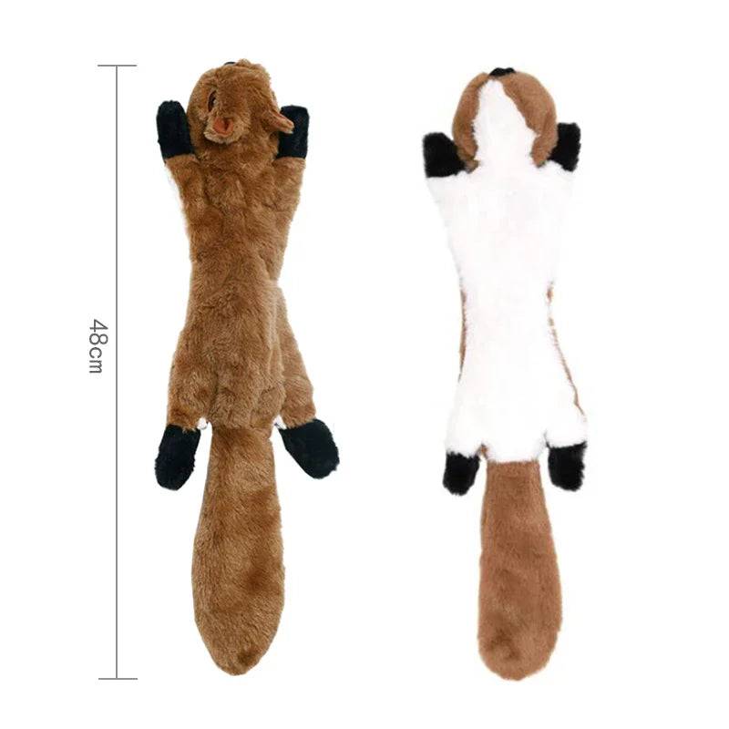 Pawciara squirrel plush dog toy with squeakers, 45cm long, durable plush, no stuffing, designed for dogs to chew and play.