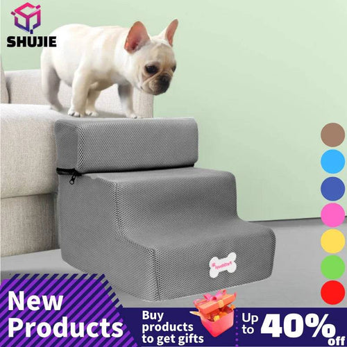Pawciara 3-step pet stairs for small dogs and cats, with anti-slip surface and removable design, shown in a home setting.