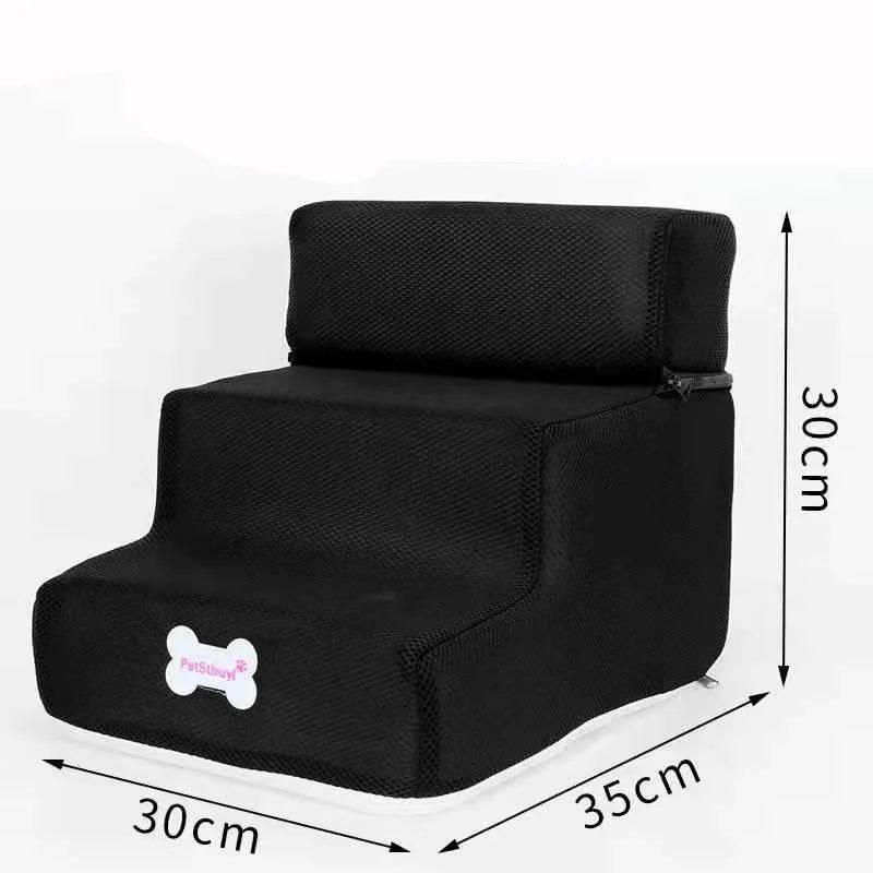 Pawciara 3-step pet stairs for small dogs and cats, with anti-slip surface and removable design, shown in a home setting.