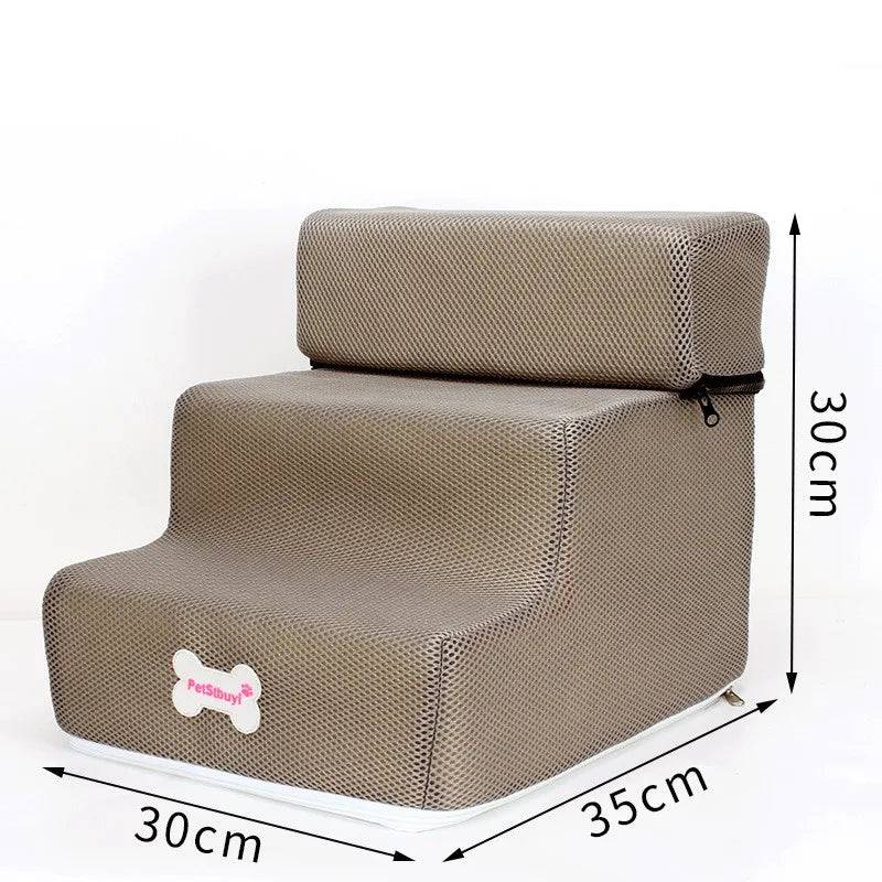 Pawciara 3-step pet stairs for small dogs and cats, with anti-slip surfaces and removable design, suitable for pet beds and furniture.