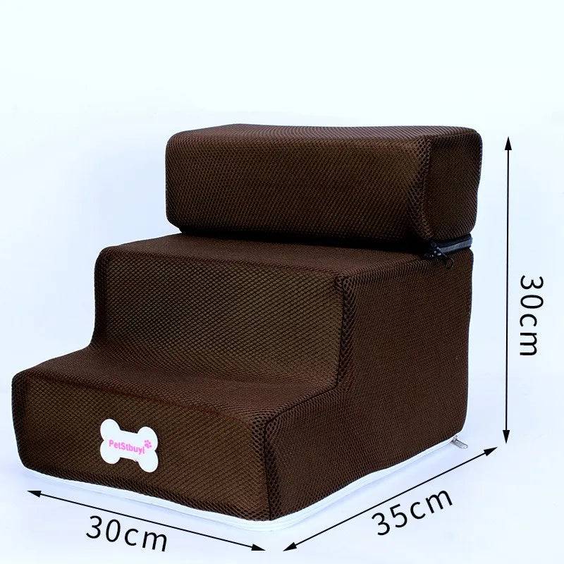 Pawciara 3-step pet stairs for small dogs and cats, with anti-slip surfaces and removable design, in a three-floor structure.
