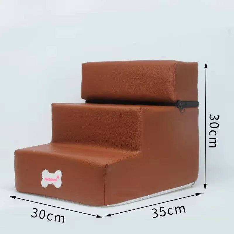 Pawciara 3-step pet stairs for small dogs and cats, with anti-slip surface and removable design, shown in a home setting.