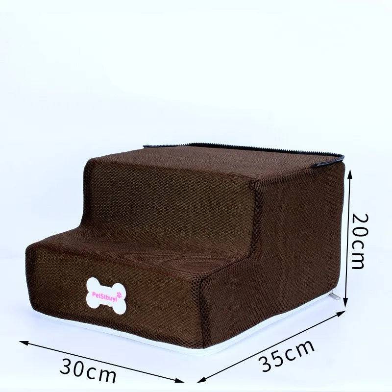 Pawciara 3-step pet stairs for small dogs and cats, with non-slip surfaces and removable design, placed next to a dog bed.