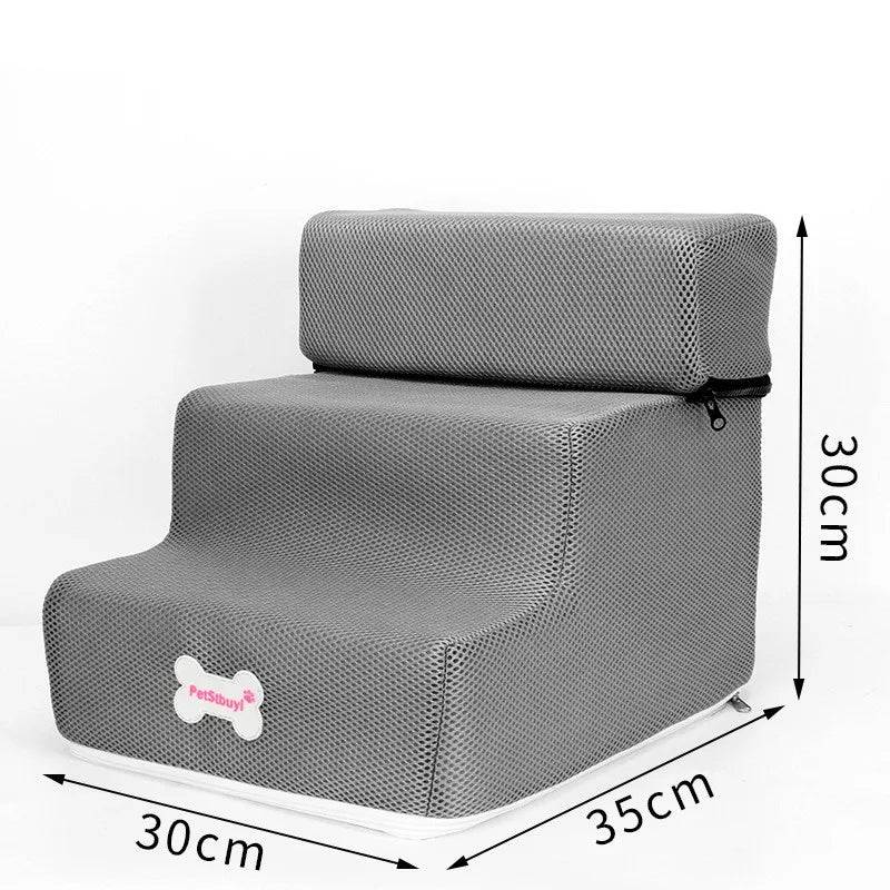 Pawciara 3-step pet stairs for small dogs and cats, with anti-slip surfaces and removable design, in a home setting.