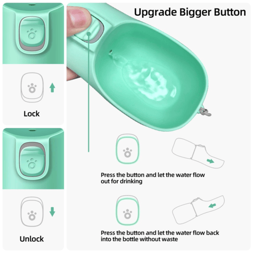 Green Pawciara portable pet water dispenser for dogs and cats, 550ml travel water bottle with built-in drinking bowl.