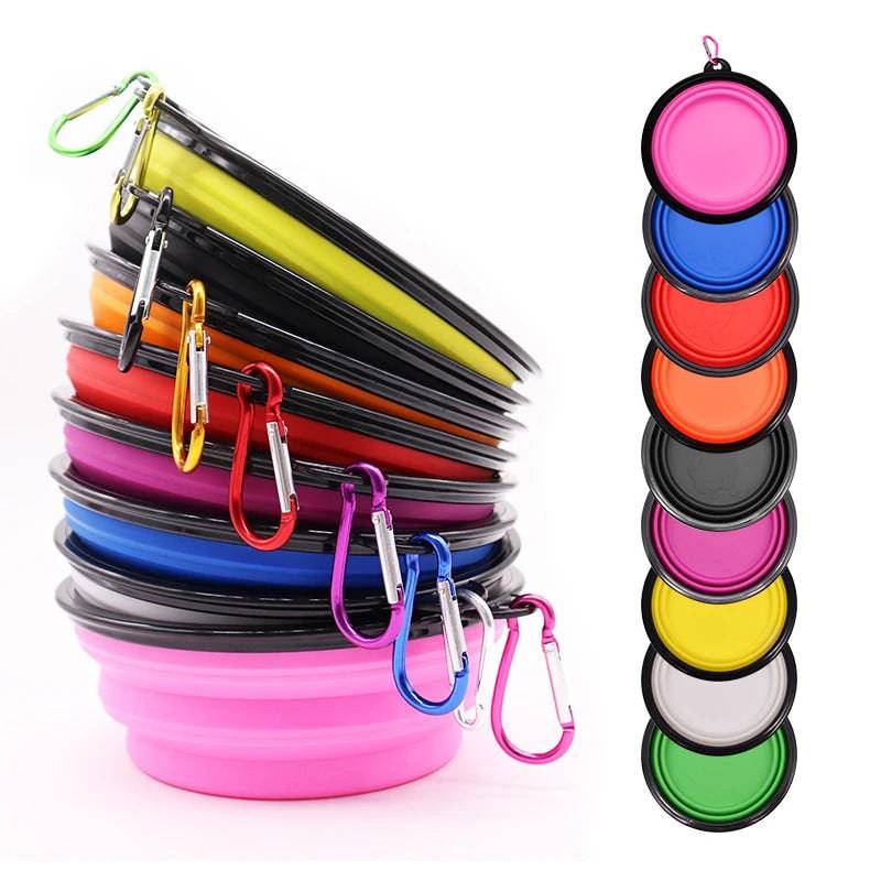 White Pawciara collapsible silicone pet bowl for food and water, portable and folding for outdoor camping and travel with carabiner.