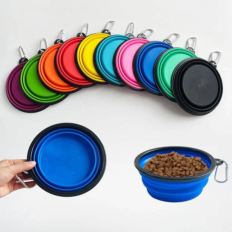 White Pawciara collapsible silicone pet bowl for dogs, portable and foldable with a carabiner for outdoor camping and travel.