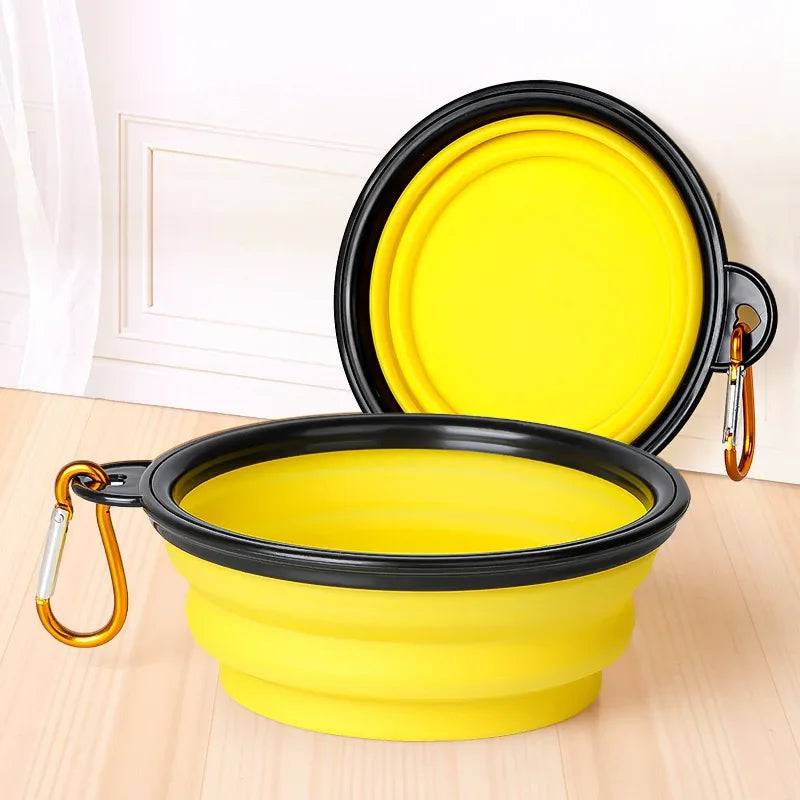White Pawciara collapsible silicone pet bowl for dogs, portable food and water dish with carabiner for outdoor camping and travel.
