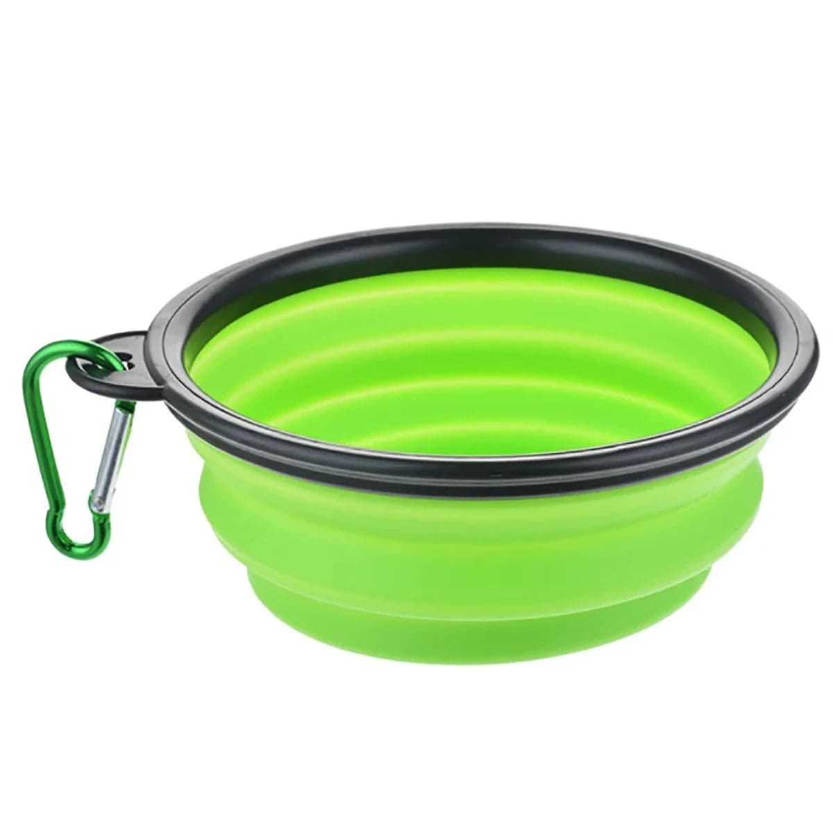 White Pawciara collapsible silicone pet bowl for food and water, portable, travel-friendly, with carabiner for outdoor pet feeding.