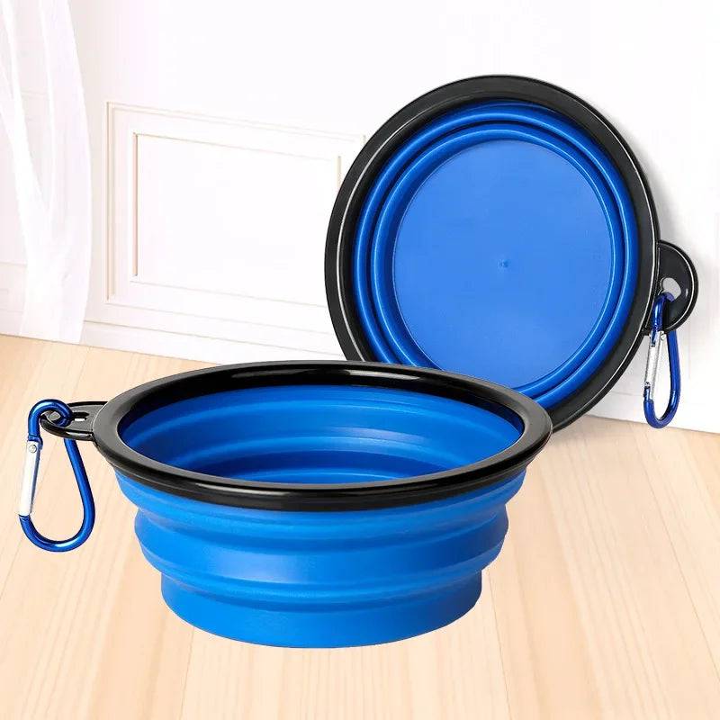 Pawciara collapsible silicone pet bowl for food and water, portable, foldable design with carabiner for outdoor travel and camping.