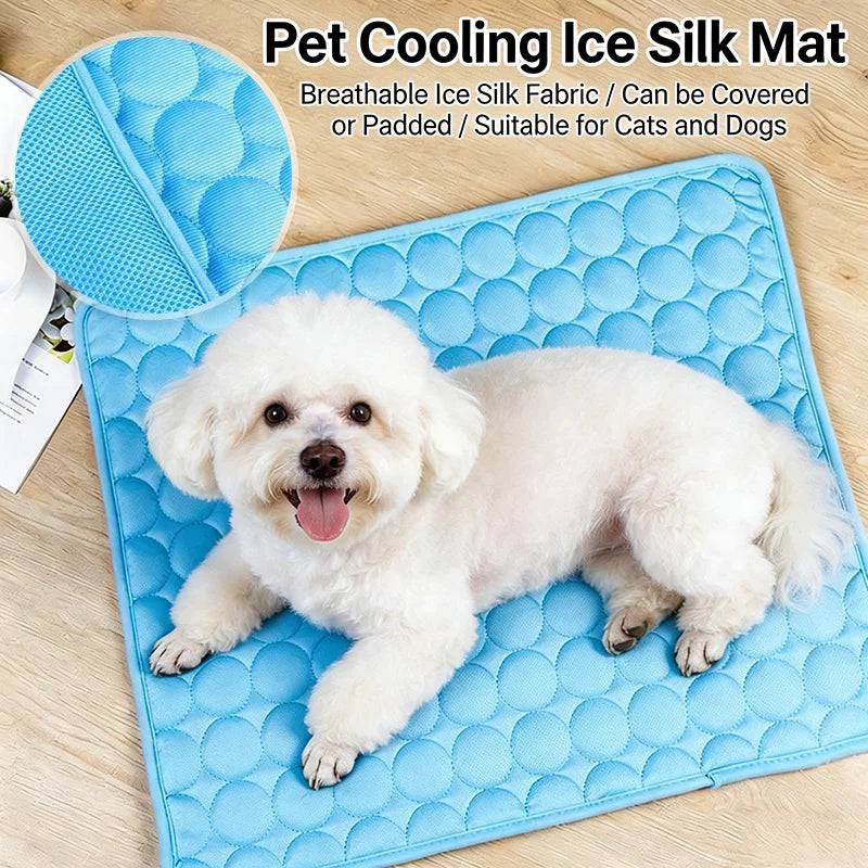 Pawciara cooling pet mat in gray, waterproof self-cooling bed for dogs and cats with anti-slip, washable, summer ice silk design.