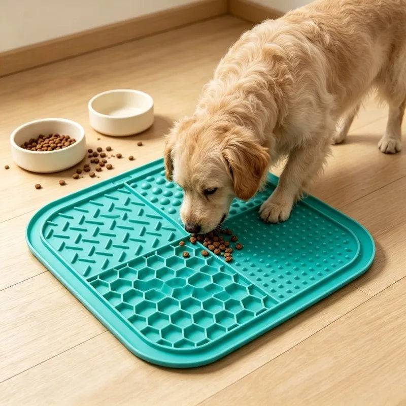 Yellow Pawciara lick mat for dogs and cats, anti-slip feeding and enrichment tray for anxiety relief and grooming distraction.