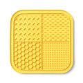 Yellow Pawciara lick mat for dogs and cats, anti-slip design, used for slow feeding, anxiety relief, and enrichment during grooming.