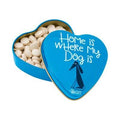 Sanal Heart Tin yeast snacks for dogs, 60g, featuring a decorative tin with "Home Is Where My Dog Is" design and dog treats inside.