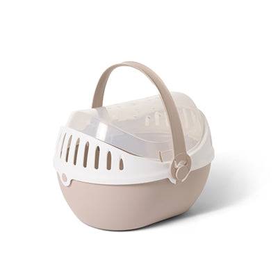 Savic Elmo Transport Box in champagne color, 36x28x22 cm, plastic pet carrier with ventilation for small animals.