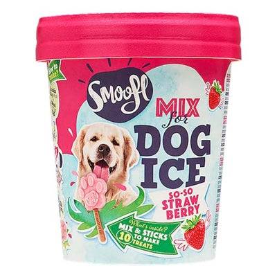 Smoofl Dog Ice Cream Mix Strawberry in a glass container, 160g, natural dog snack by SMOOFL with strawberry flavor.