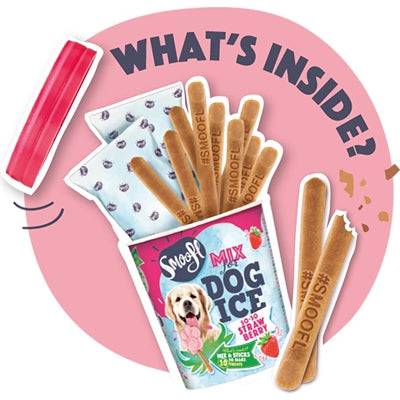 Smoofl Dog Ice Cream Mix Strawberry, 160g, hard snack for dogs in a clear glass bowl with fresh strawberries and ice cream.