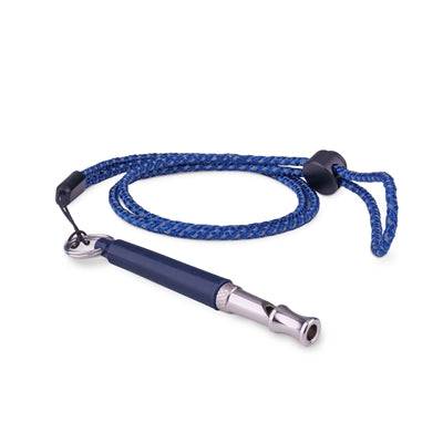 The Company of Animals professional outdoor high-frequency dog whistle in navy blue, shown in close-up.