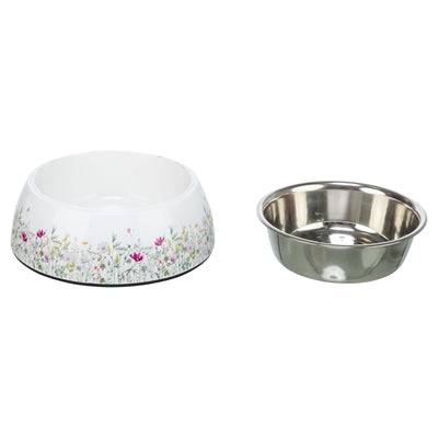 Trixie stainless steel food and water bowl with colorful floral pattern, 14x14x4.5 cm, ideal for pets.