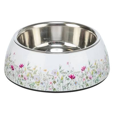 Trixie stainless steel food and water bowl with multicolor floral pattern, white and multicolor, 14x14x4.5 cm.