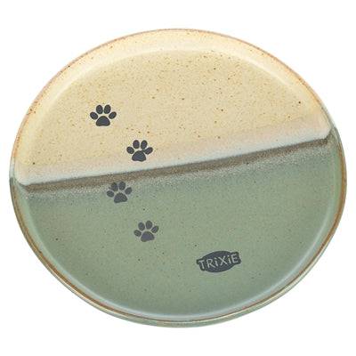 Trixie ceramic cat food and water bowl in green and beige, 16x16x2 cm, designed for pets with durable ceramic construction.