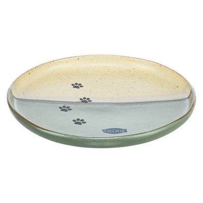 Trixie ceramic cat food and water bowl in green and beige, 16x16x2 cm, designed for feeding cats with durable ceramic material.