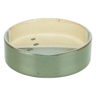 Trixie ceramic food and water bowl with paw print design in green and beige, measuring 12x12x3.5 cm.