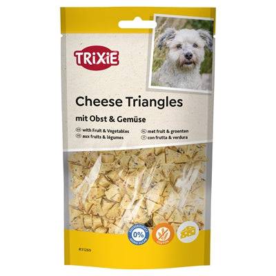 Trixie Cheese Triangles with Fruit and Vegetables, 80g, a package of Trixie GODIS KEX cheese snack with colorful fruit and veggie pieces