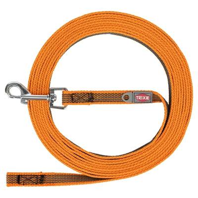 Trixie Long Training Lead with rubber coating in orange, nylon material, 5 meters long, no handle loop, suitable for dog training.